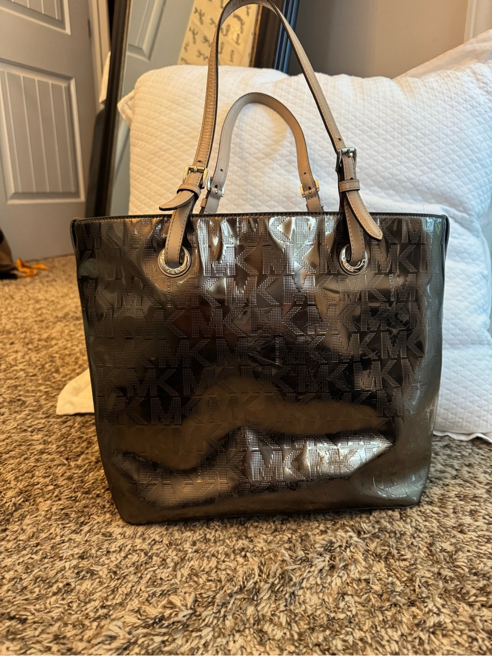 Michael Kors Metallic Bronze Patent MK Logo Tote